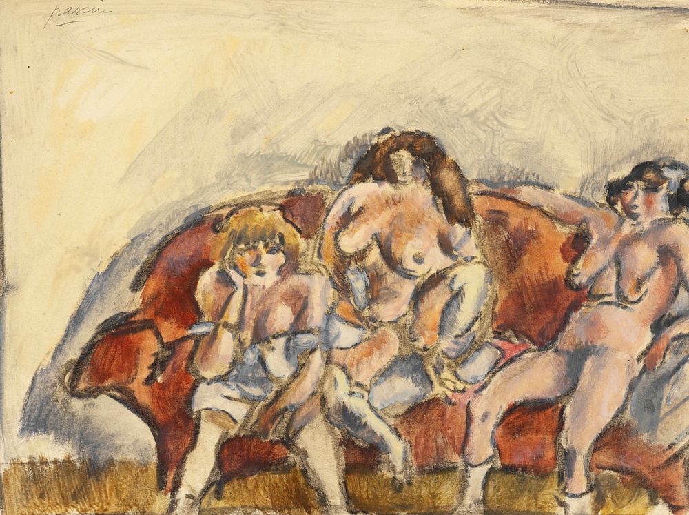 Three Women on a Red Sofa by Jules Pascin