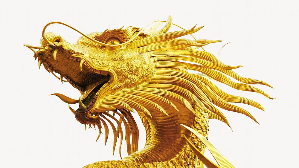 Gold dragon statue, isolated image
