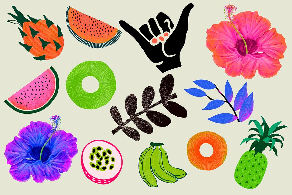 Colorful tropical fruits collage element set psd