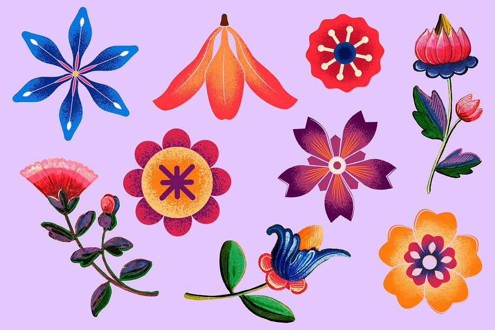 Colorful vintage flowers collage element set psd