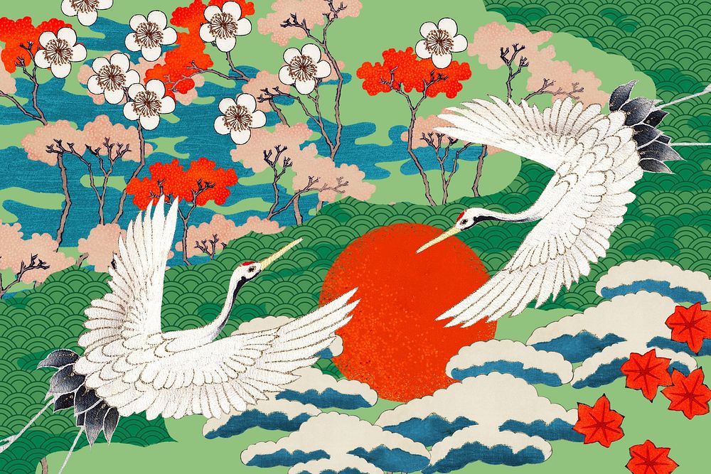Vintage Japanese crane-patterned background, traditional illustration remixed from the artwork of Watanabe Seitei