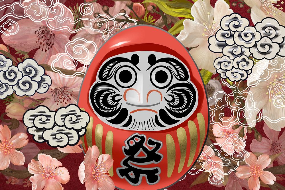 Japanese Daruma doll background, vintage traditional illustration