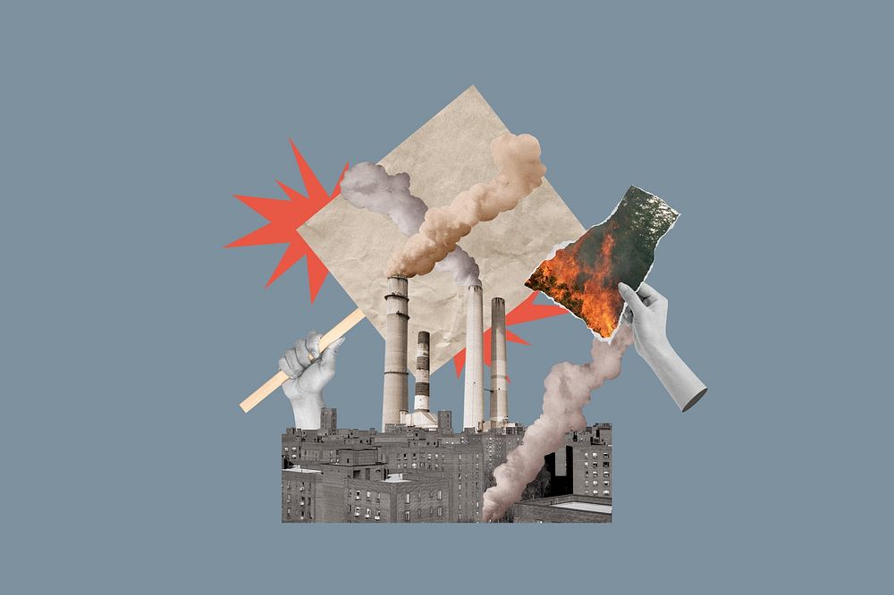 Air pollution factory background, hands destroying environment remix