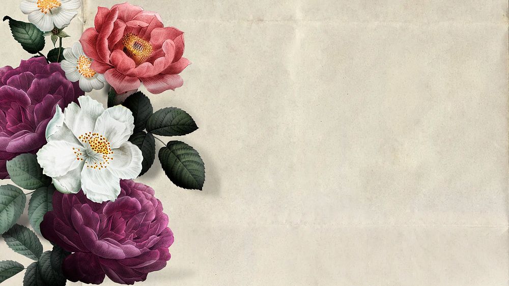 Beige floral desktop wallpaper, flower border illustration