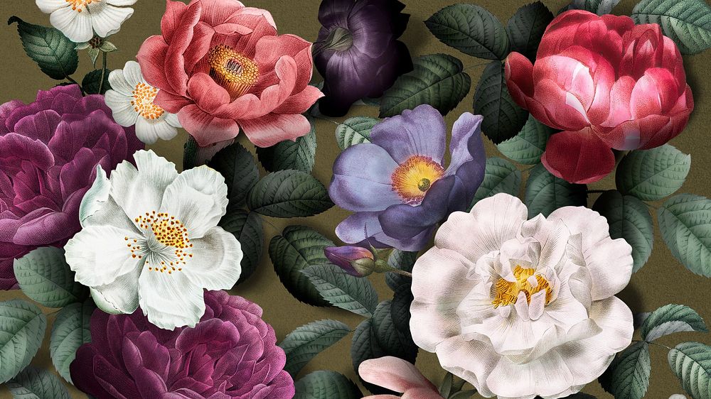 Aesthetic flower pattern desktop wallpaper, vintage botanical illustration