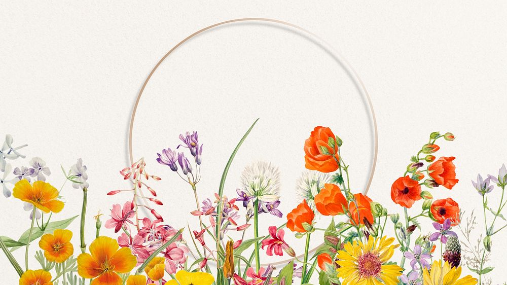 Spring gold frame computer wallpaper, flower border illustration
