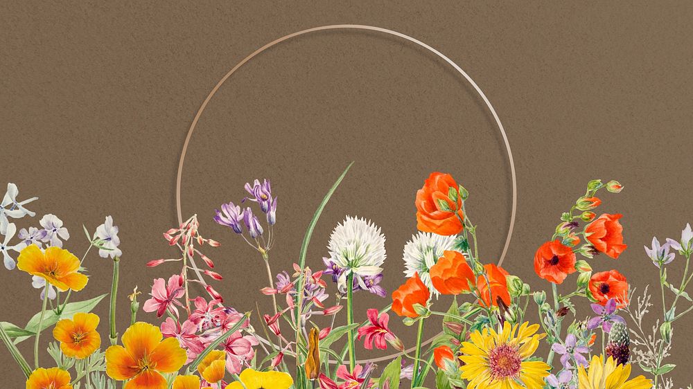 Spring gold frame desktop wallpaper, blooming flower border illustration