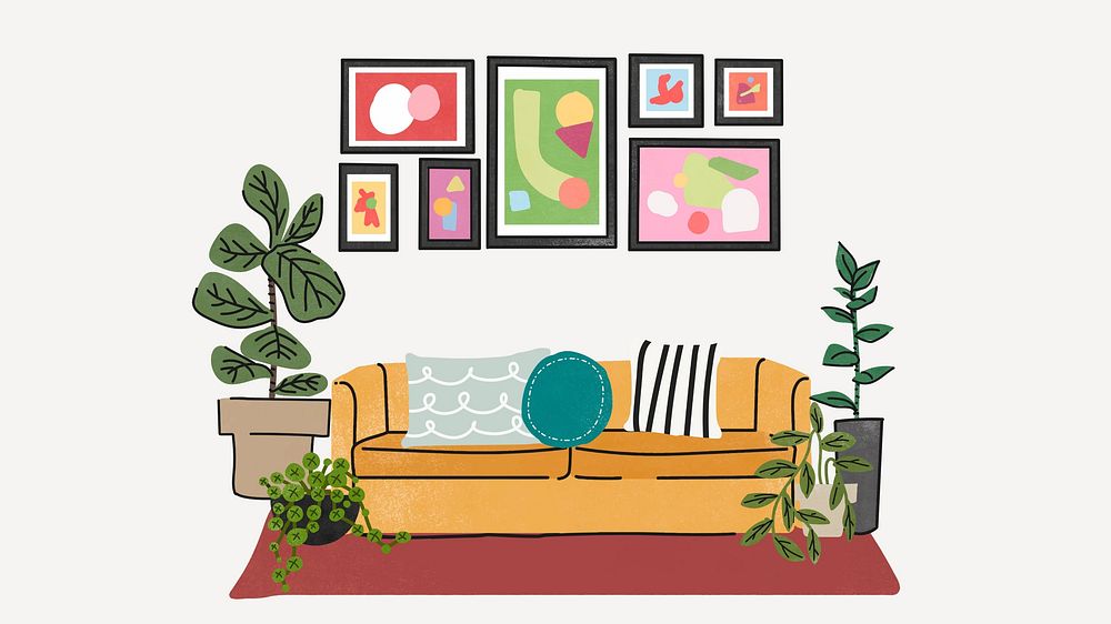 Retro living room desktop wallpaper, aesthetic illustration