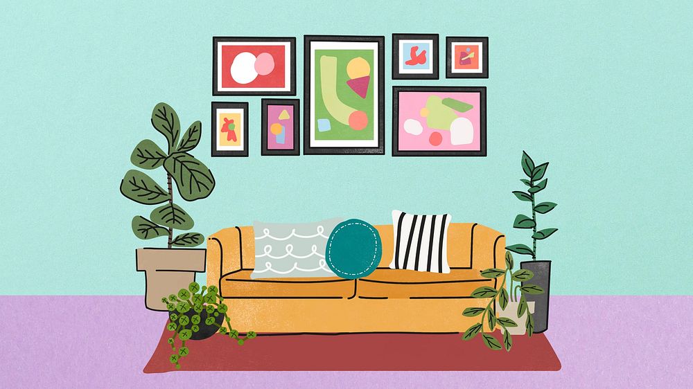 Colorful living room desktop wallpaper, aesthetic illustration