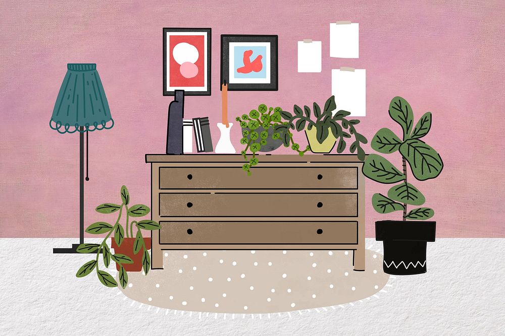 Room with dresser aesthetic illustration, pink background