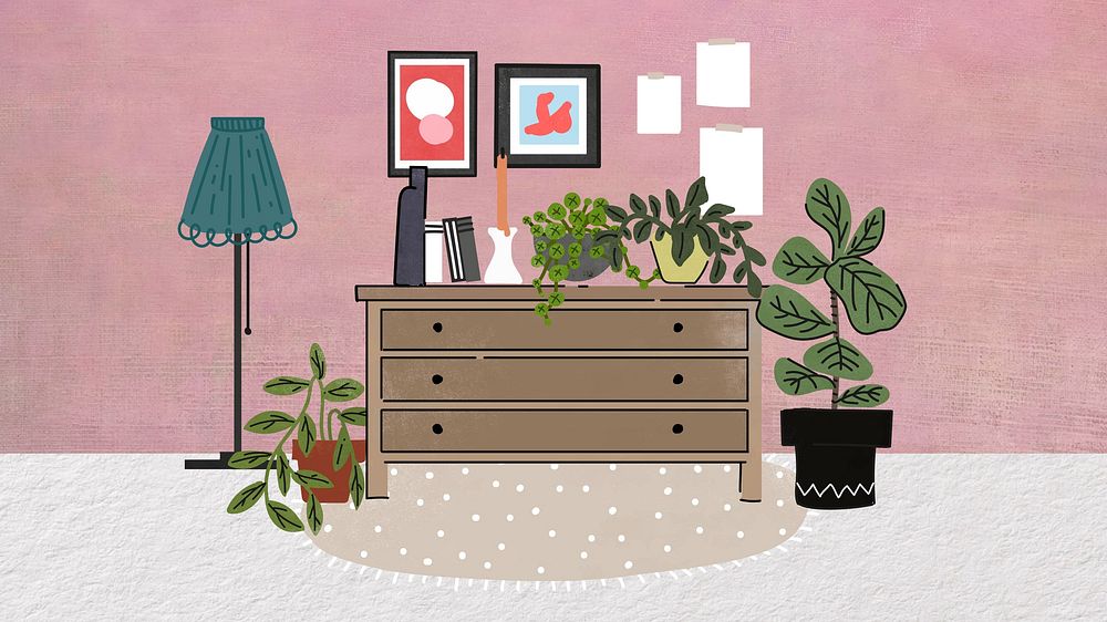 Room with dresser desktop wallpaper, aeshtetic illustration