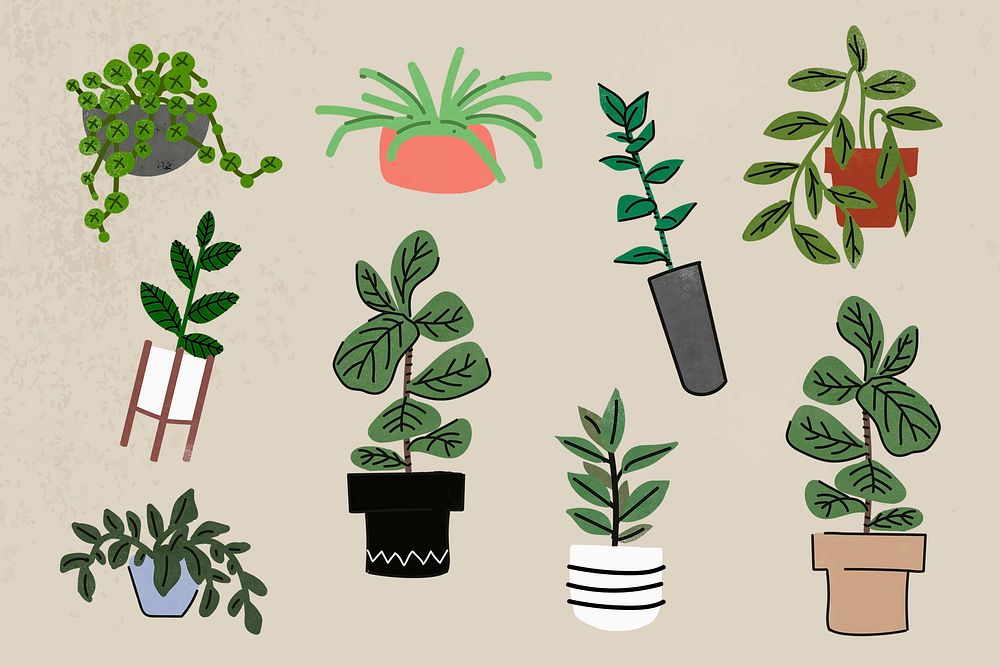 Houseplant doodle clipart set psd