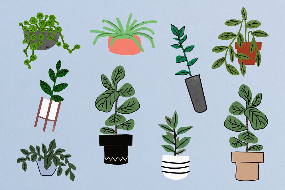 Houseplant doodle clipart set psd