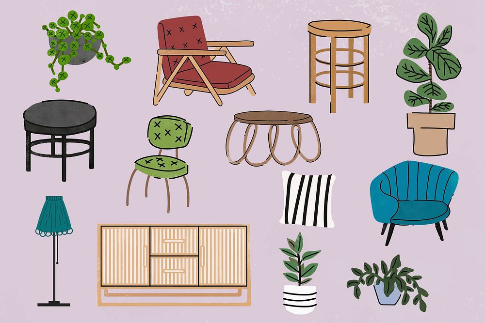 Furniture & plant clipart set, aesthetic doodle psd