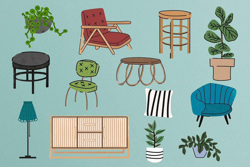 Furniture & plant clipart set, aesthetic doodle psd