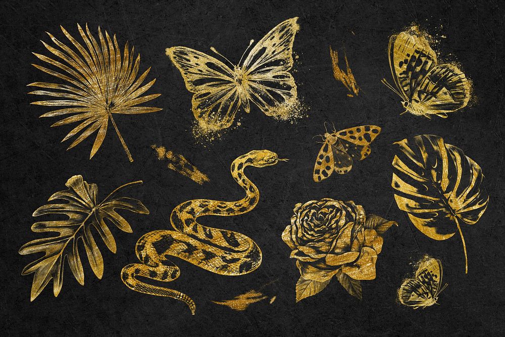 Gold leaf, animal, botanical collage element set psd