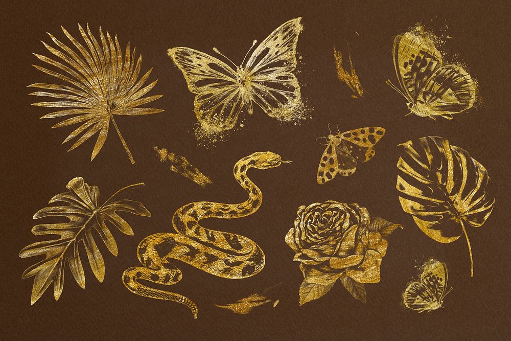Gold leaf, animal, botanical collage element set psd
