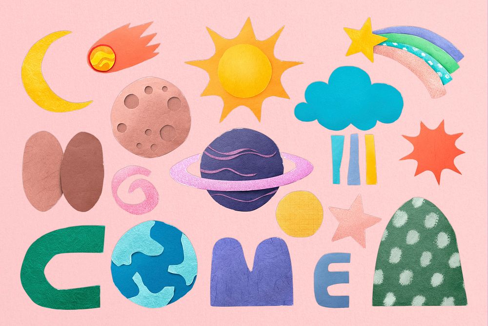 Astronomy & weather set, paper craft collage elements psd