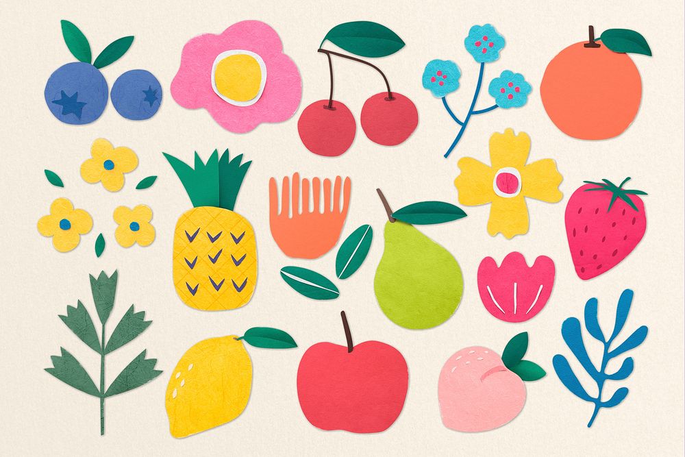Summer fruit set, paper craft collage elements psd