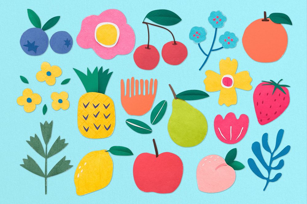 Summer fruit set, paper craft collage elements psd