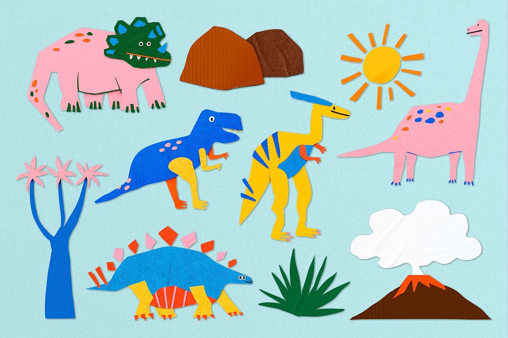 Dinosaur & nature set, paper craft collage elements psd