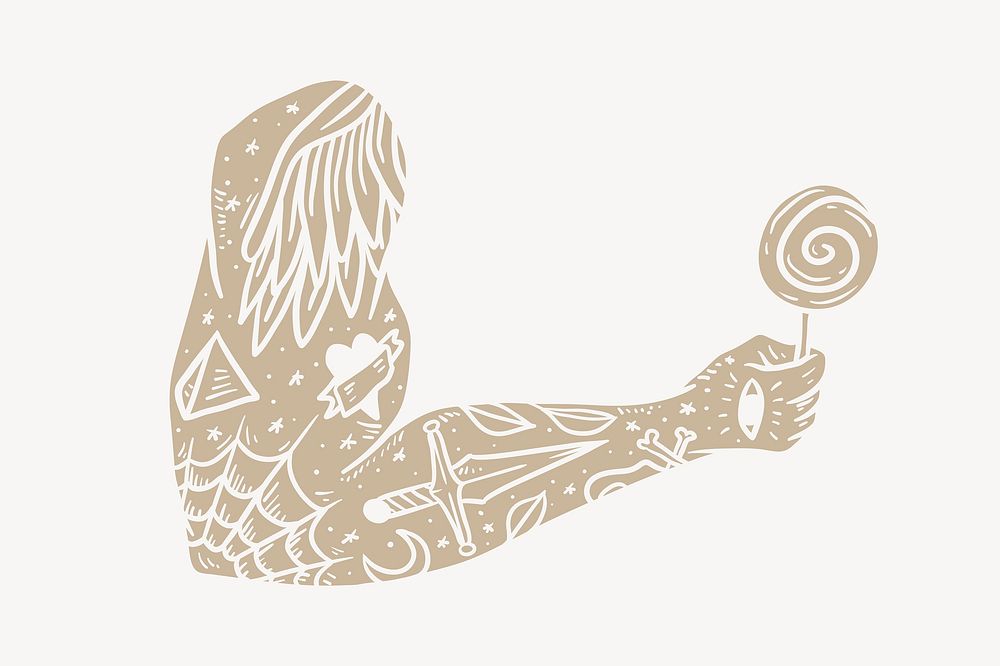 Tattoo arm holding lollipop element, beige design vector