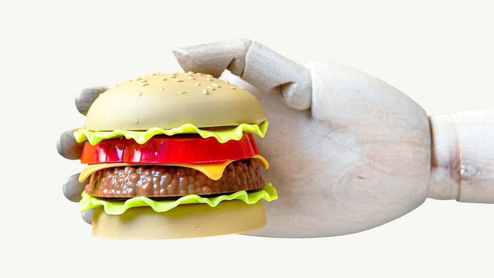 Robot hand holding hamburger collage element psd