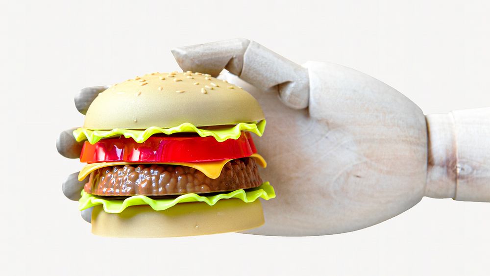 Robot hand holding hamburger isolated design