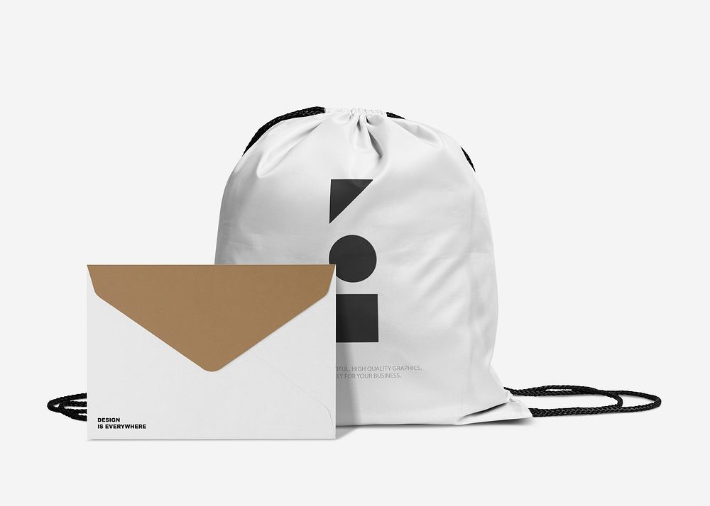 White drawstring bag mockup with envelope psd