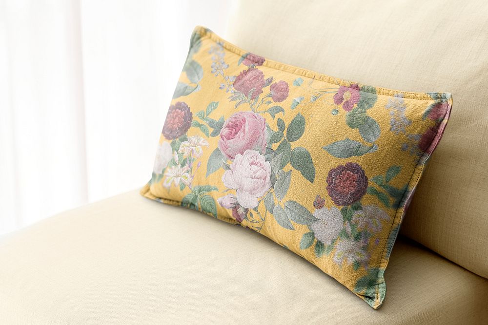 Cushion cover psd mockup, home decor floral textile
