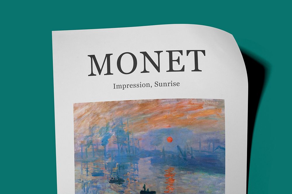 Poster mockup psd, stationery flat lay design, Monet artwork