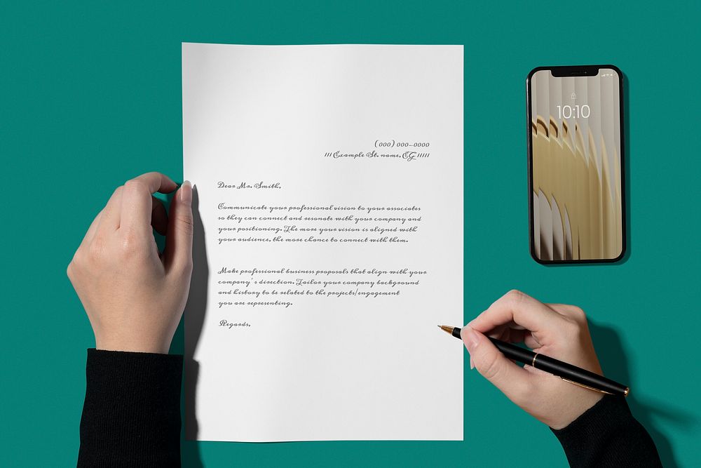 Letter mockup psd, man writing on it