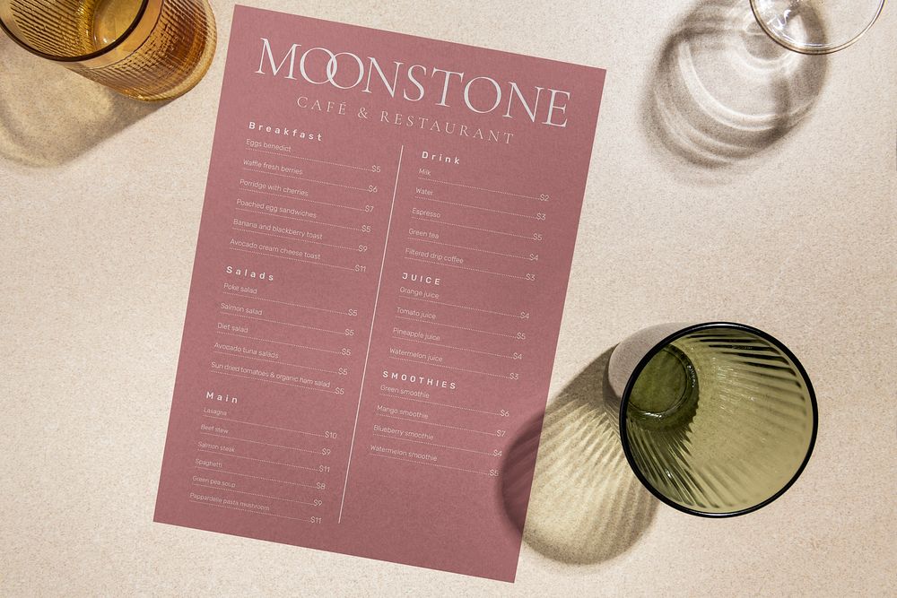 Red cafe menu mockup psd, flat lay design with glass