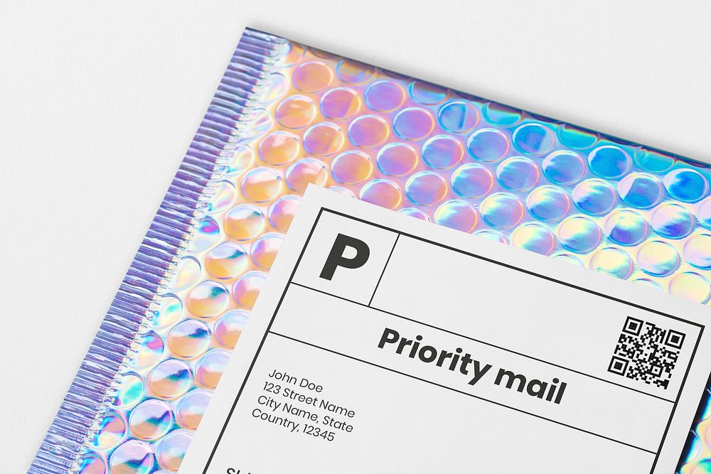 Shipping label mockup, business branding, iridescent bubble mailer design psd