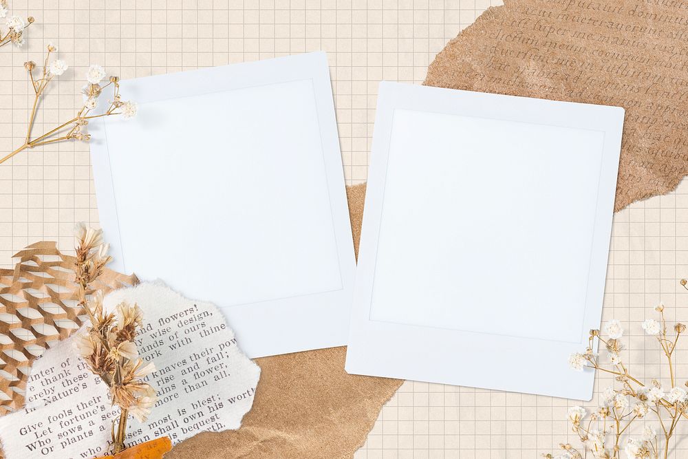 Instant photo frame mockup on brown aesthetic background design psd