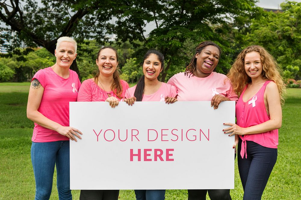 Diverse women with a pink ribbon campaign board mockup