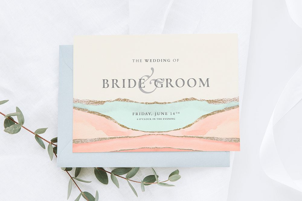 Paint textured wedding card with leaves mockup