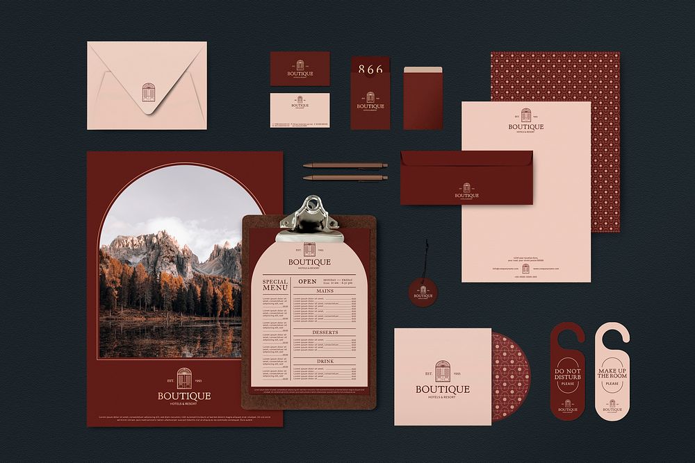 Corporate identity travel and tourism industry psd mockups and templates in muted red tone