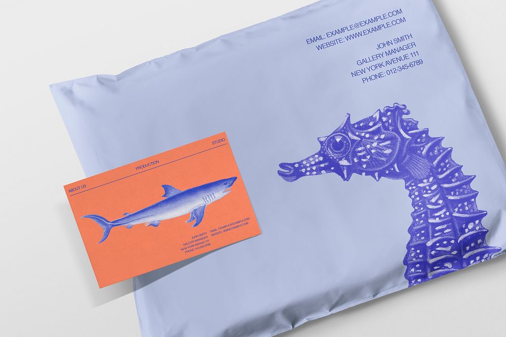 Plastic parcel bag mockup, business card psd