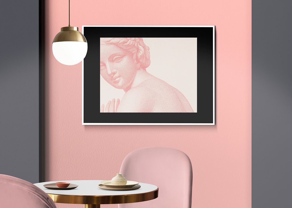 Frame mockup psd hanging in chic luxury dining room