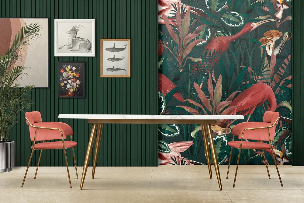 Gallery wall mockup psd hanging in tropical wall dining room