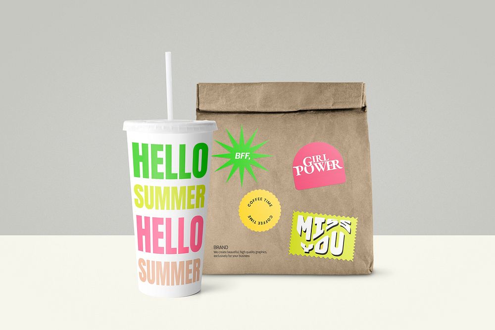 Paper bag mockup, soda cup, takeaway food packaging psd