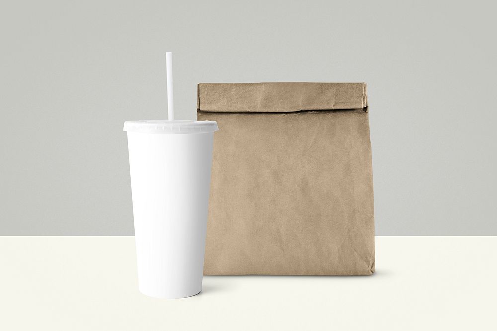Blank paper bag & soda cup, takeaway food packaging