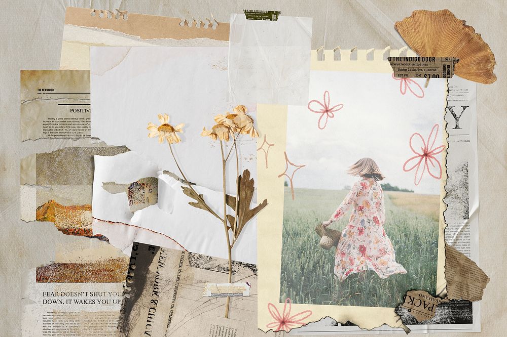 Vintage autumn moodboard mockup, instant film photo with dried flower psd