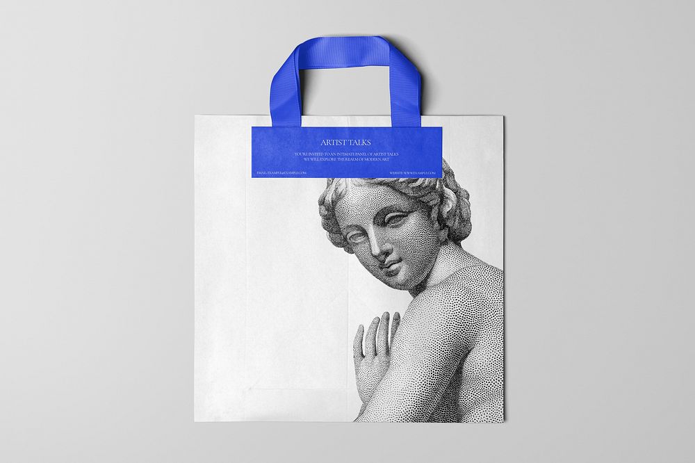 Paper shopping bag mockup, vintage woman sketch design psd