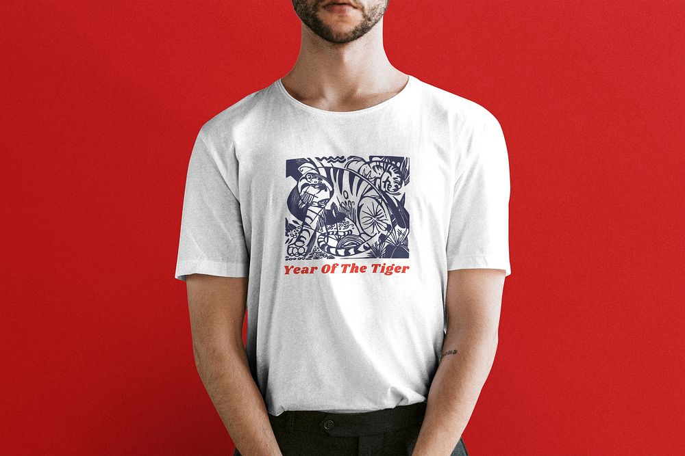 Men's t-shirt mockup, tiger Chinese zodiac print psd