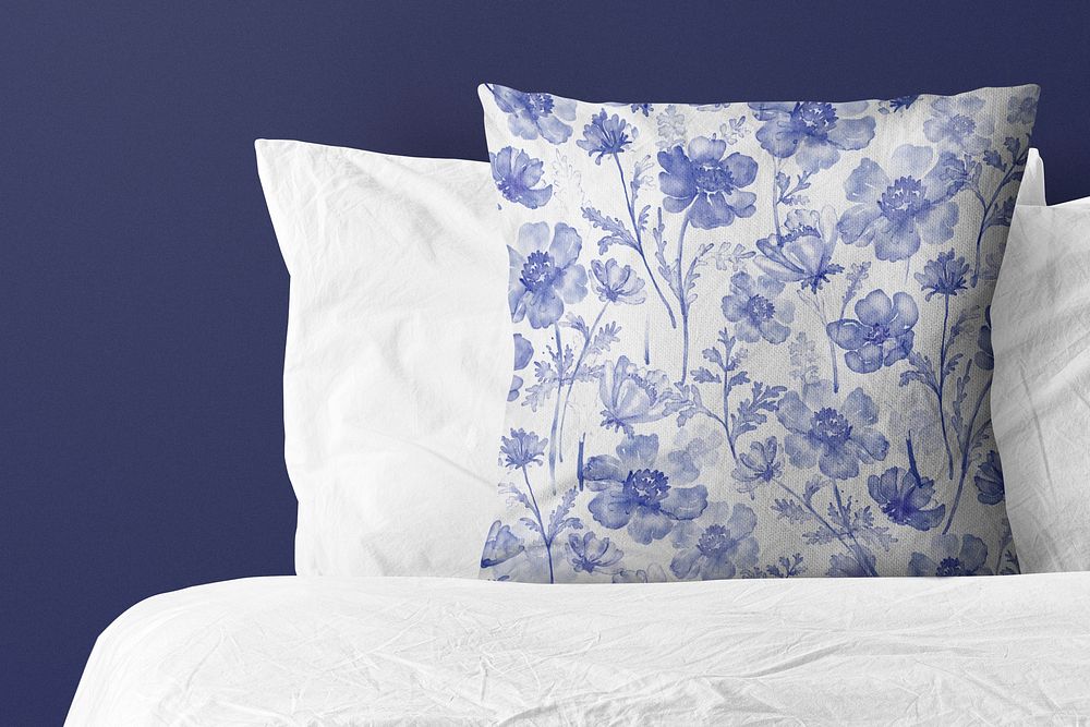 Cushion cover mockup, floral blue design psd