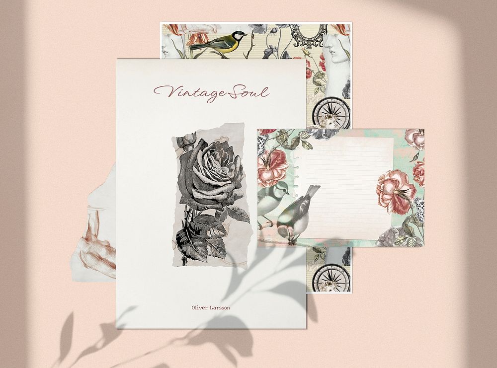  Flower mood board mockup with vintage floral invitation and note psd