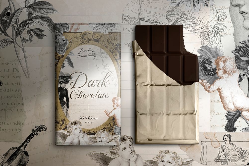 Chocolate bar mockup psd with aesthetic floral and cupid illustration