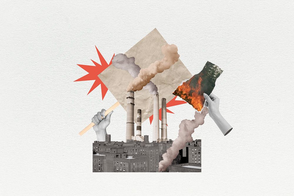 Air pollution factory background, hands destroying environment remix